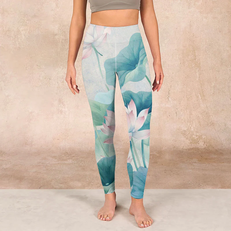 Buddha Stones Blooming White Pink Lotus Leaves Print Gym Leggings Women's Yoga Pants