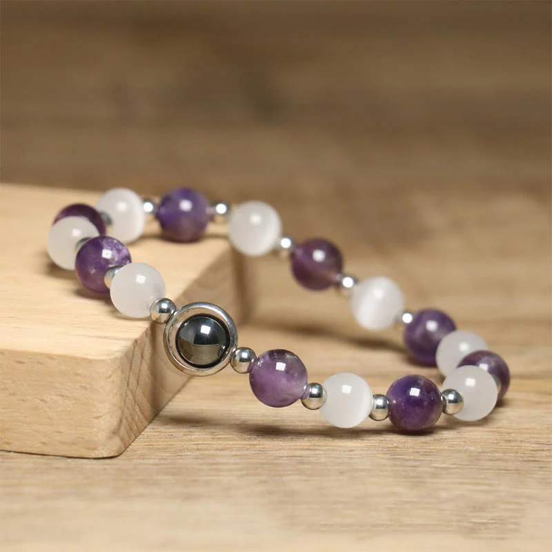 Buddha Stones Natural Amethyst White Cat's Eye Beads Balance Bracelet