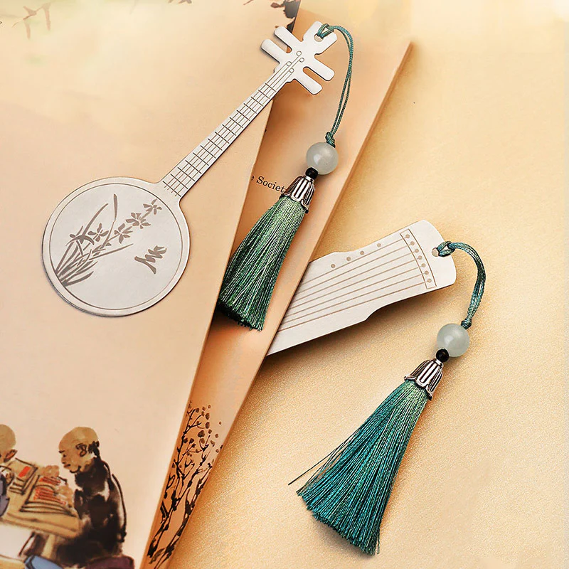 Buddha Stones Classical Musical Instruments Pipa Guzheng Guqin Ruan Metal Bookmarks Tassel With Gift Box