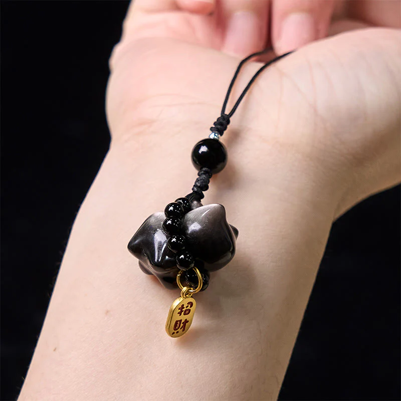 Buddha Stones Silver Sheen Obsidian Black Obsidian Gold Sheen Obsidian Cute Cat Fu Character Protection Key Chain Phone Hanging Decoration