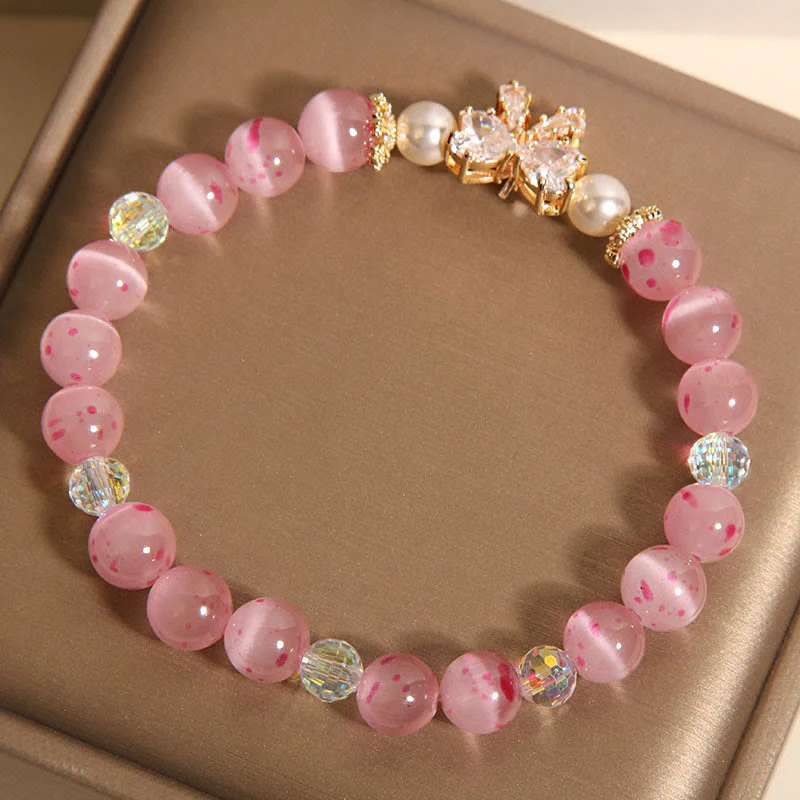 Buddha Stones Cherry Blossom Pink Cat's Eye Pearl Bow-knot Rosette Support Bracelet