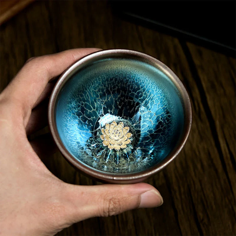 Buddha Stones Handmade Chinese Jianzhan Lotus Blue Ceramic Teacup Kung Fu Tea Cup 150ml