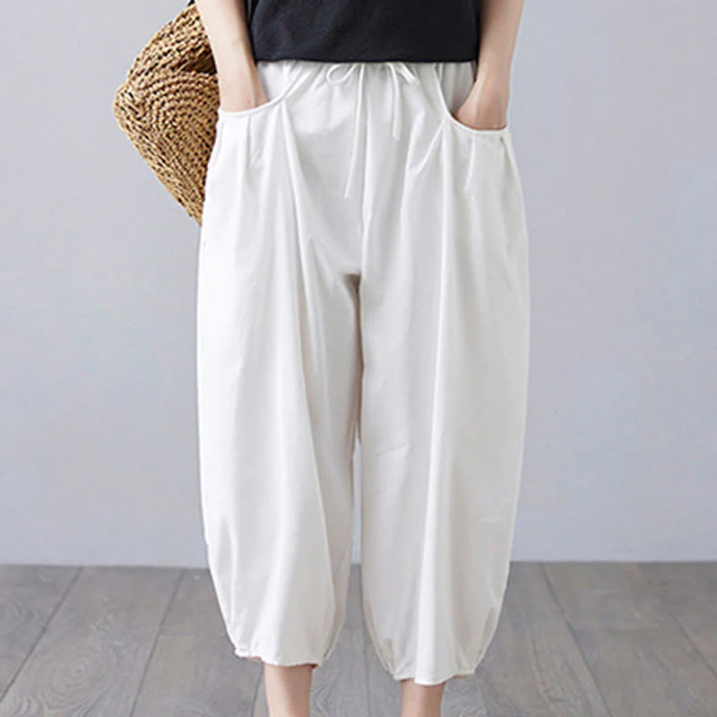 Buddha Stones Summer Plain Cropped Pants Women's Cotton Linen Harem Pants With Pockets