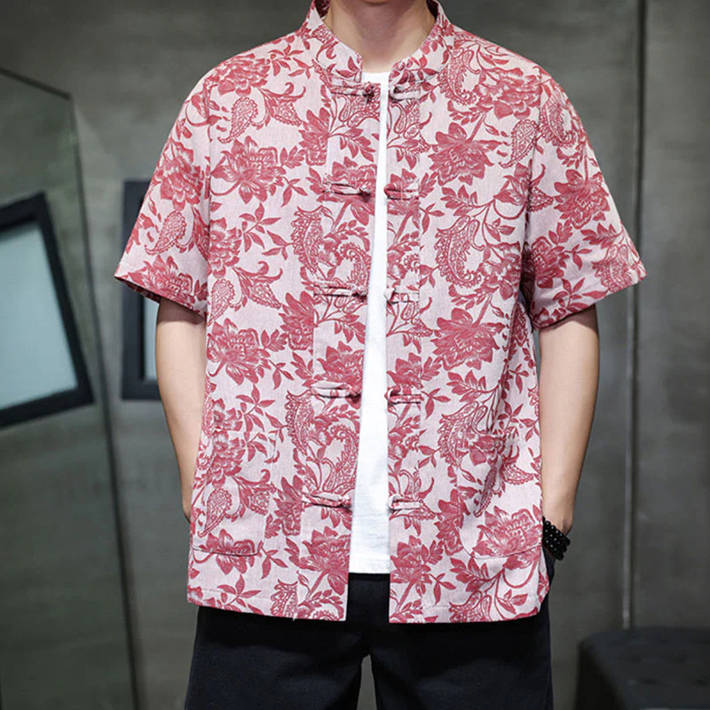 Buddha Stones Casual Jacquard Paisley Flower Plant Pattern Frog-Button Design Men's Cotton Shirt Cardigan With Pockets