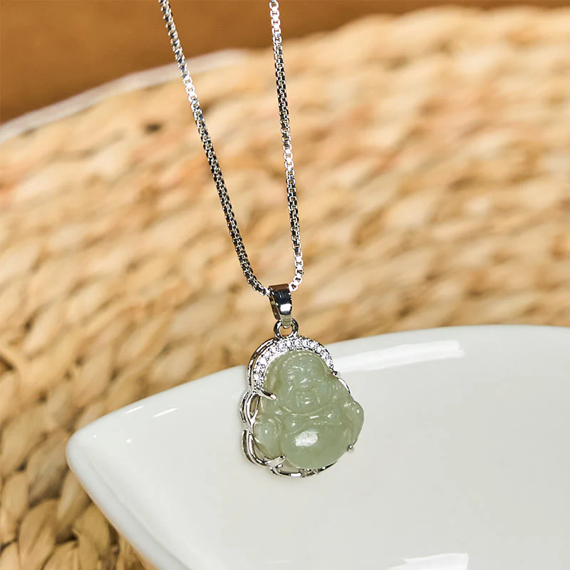 Buddha Stones Natural Hetian Jade Laughing Buddha Abundance Necklace Pendant