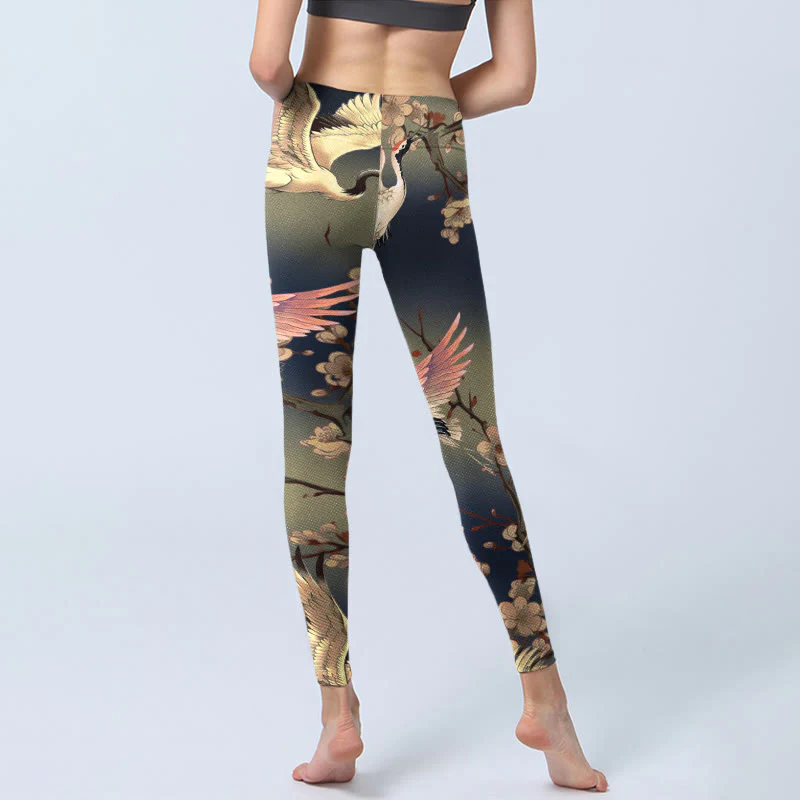 Buddha Stones White Crane White Blossoming Branch Print Gym Leggings Women's Yoga Pants