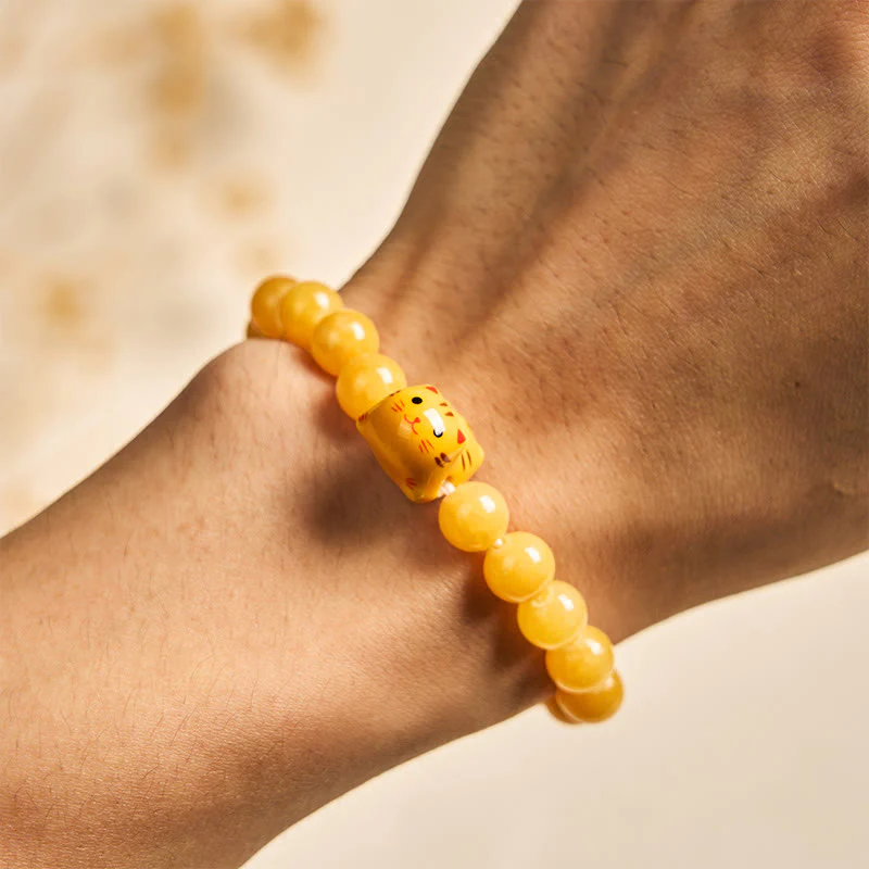 Buddha Stones Orange Tabby Cat Yellow Chalcedony Ceramic Kitten Joy Bracelet