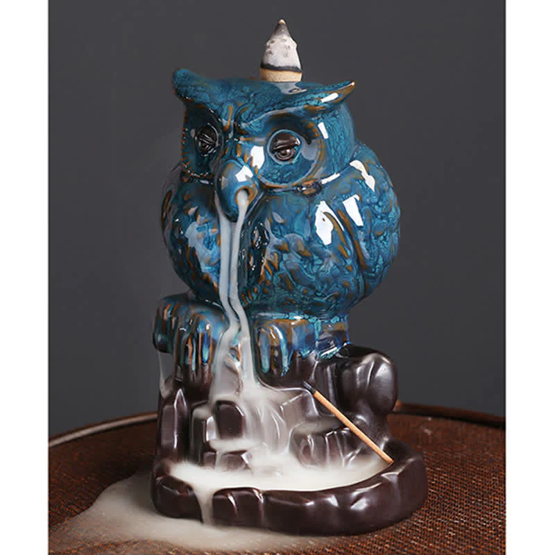 Buddha Stones Cute Owl Ceramic Backflow Smoke Fountain Meditation Healing Incense Burner Decoration