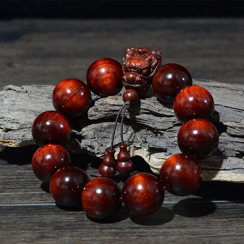 Buddha Stones Rosewood Green Sandalwood Small Leaf Red Sandalwood Dragon Carved Protection Bracelet