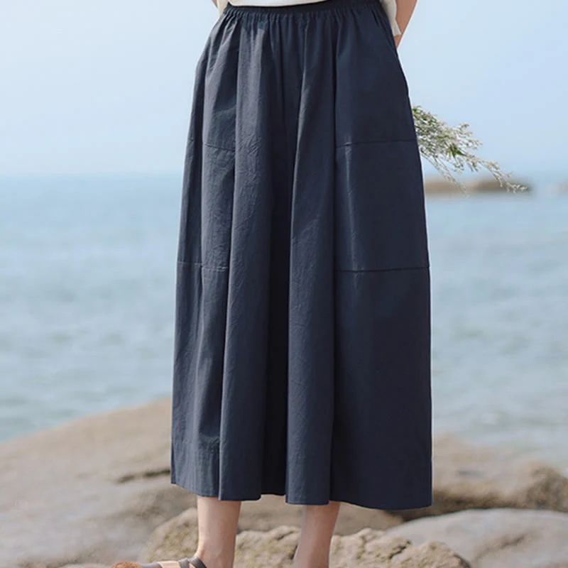 Buddha Stones Casual Plain Cotton High Waist Women's Wide Leg Capri Cropped Pants With Pockets