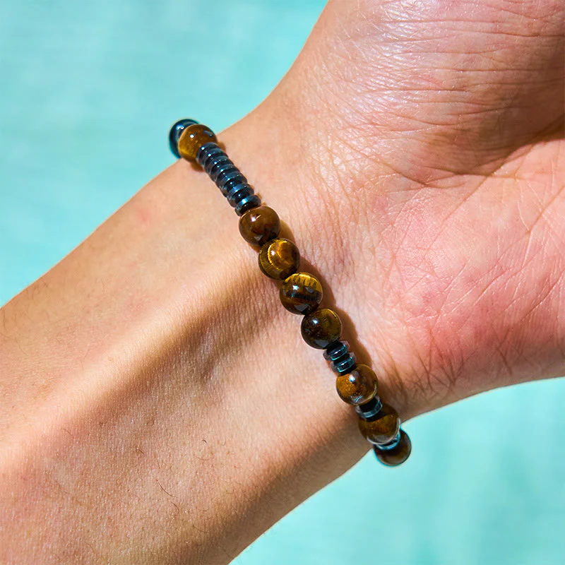 Buddha Stones 3Pcs Tiger Eye Lava Rock Protection Bracelet Set
