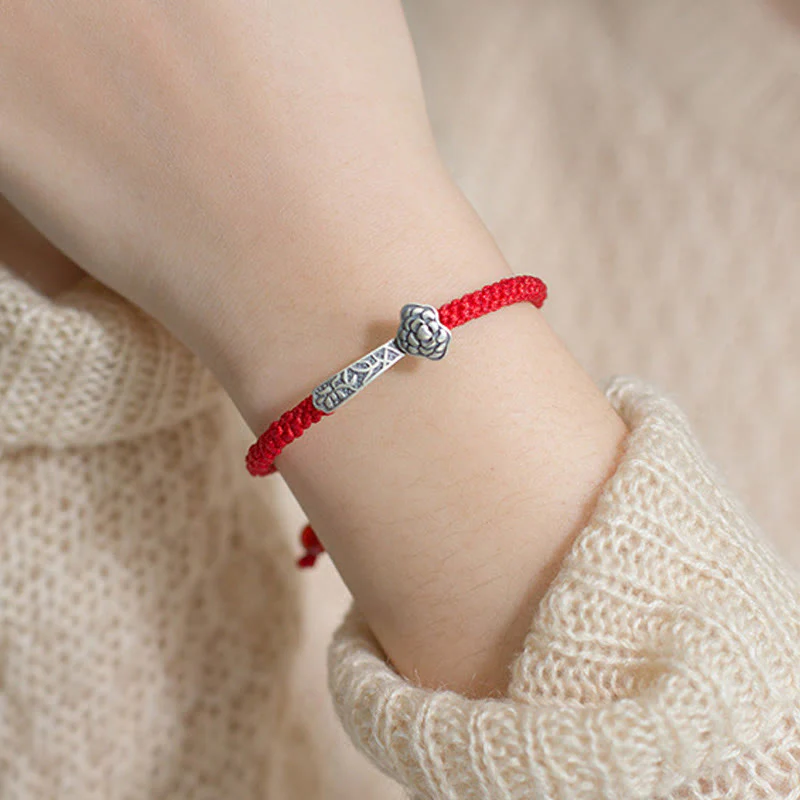 Buddha Stones Retro 925 Sterling Silver Ruyi As One Wishes Red String Braided Luck Bracelet
