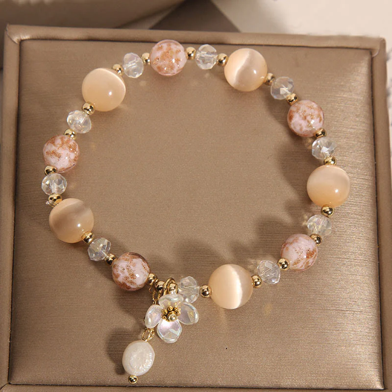 Buddha Stones Aquamarine Yellow Cat's Eye Stone Flower Peace Bracelet