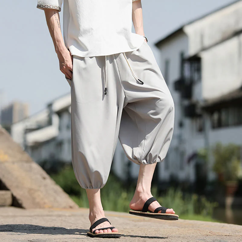 Buddha Stones Solid Drawstring Men's Capri Cropped Harem Pants With Pockets