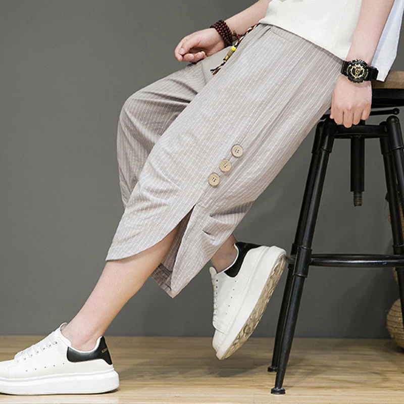 Buddha Stones Casual White Stripes Pattern Drawstring Button Design Men's Cotton Cropped Harem Pants With Pockets