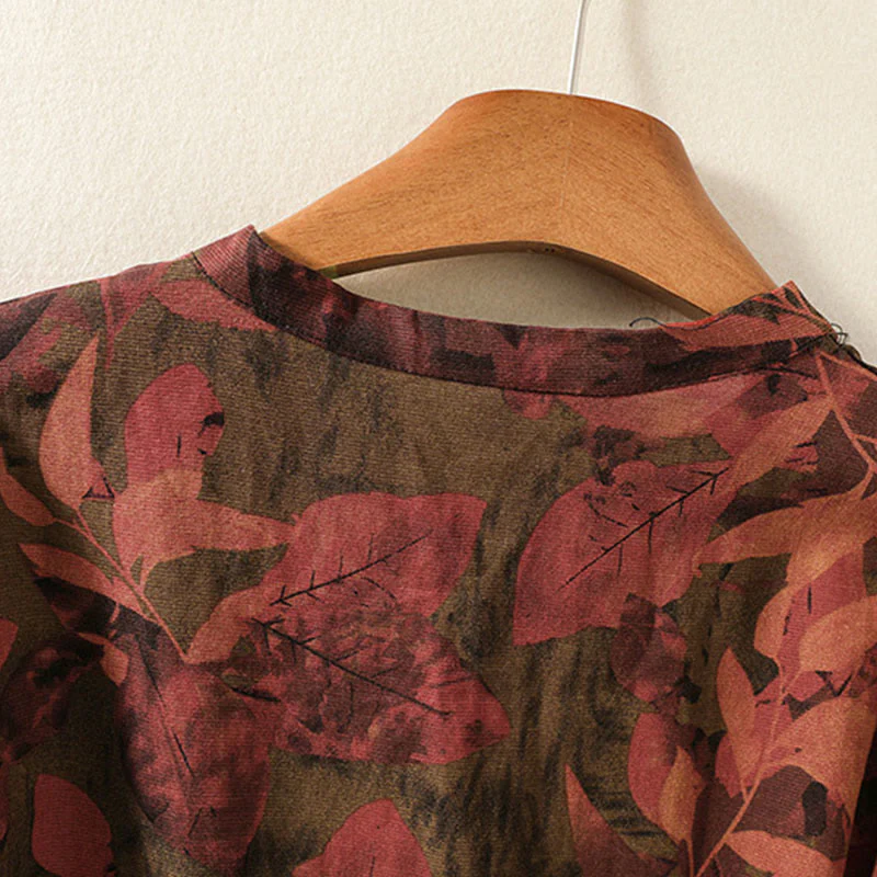 Buddha Stones Casual Printing Drawstring Chinese Frog-Button Cotton Linen Midi Dress With Pockets