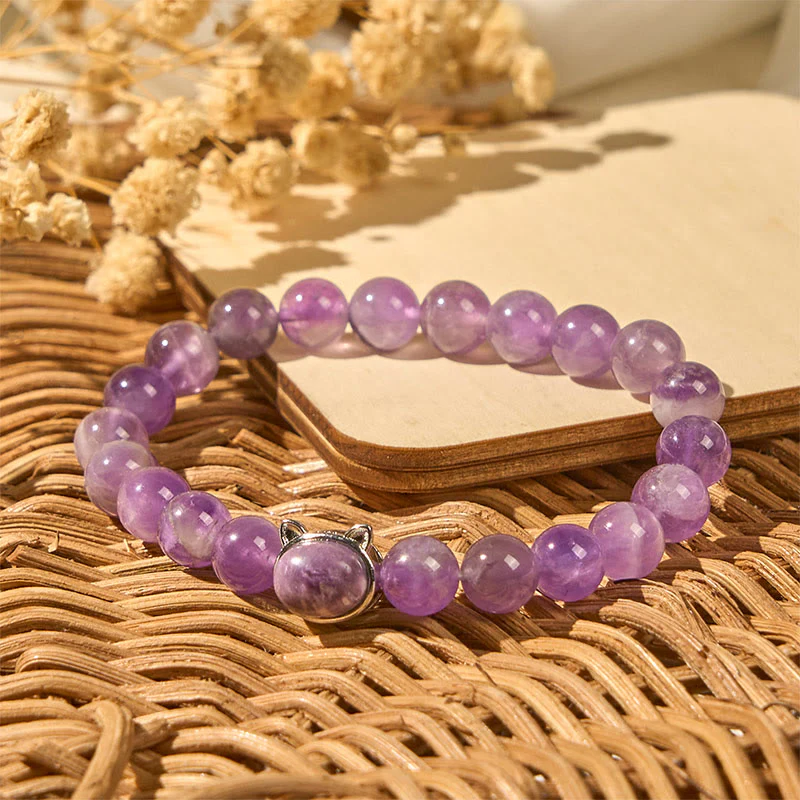 Buddha Stones Cute Cat Face Amethyst Relieves Stress Bracelet