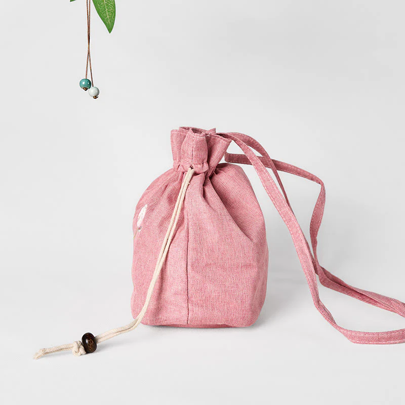 Buddha Stones Embroidered Light Pink Lotus Cotton Linen Crossbody Bag Shoulder Bag