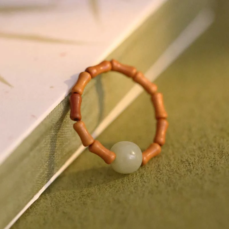 Buddha Stones Hetian Jade Beaded Bamboo Prosperity Luck Ring