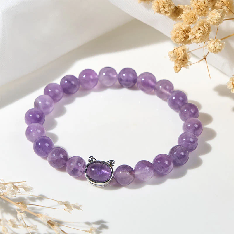 Buddha Stones Natural Amethyst Bead Cute Cat Healing Bracelet