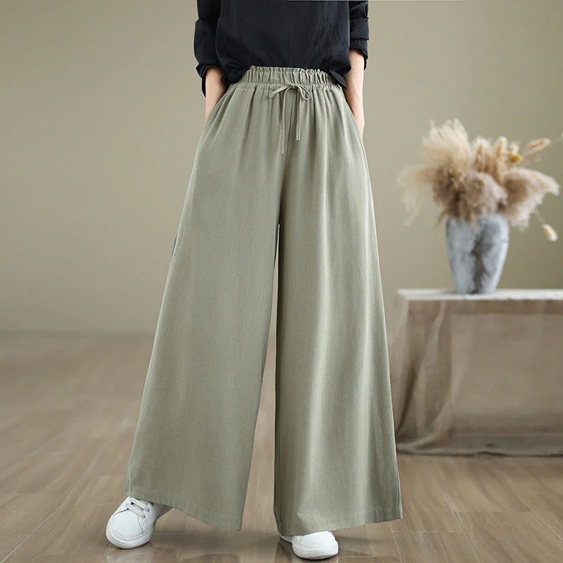 Buddha Stones Commute Plain Simple Lace-Up Design Women's Wide Leg Cotton Linen Pants With Pockets