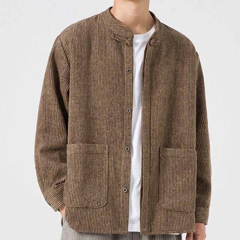 Buddha Stones Long Sleeve Frog-button Design Men's Cotton Jacket Shirt With Pockets