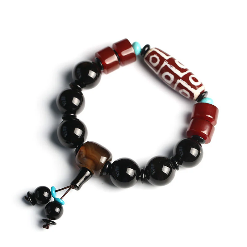 Buddha Stones Tibetan Nine-Eye Dzi Bead Black Onyx Wealth Protection Bracelet