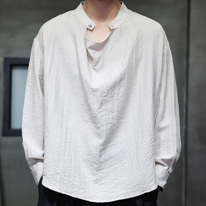 Buddha Stones Spring Solid Color Pleated Stand Collar Design Tang Suit Men's Long Sleeve Linen Shirt
