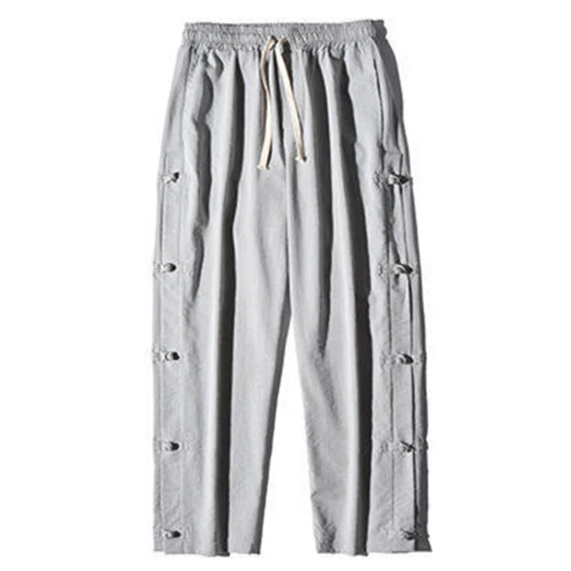 Buddha Stones Casual Patchwork Crane Pattern Frog-Button Design Men's Wide Leg Pants With Pockets