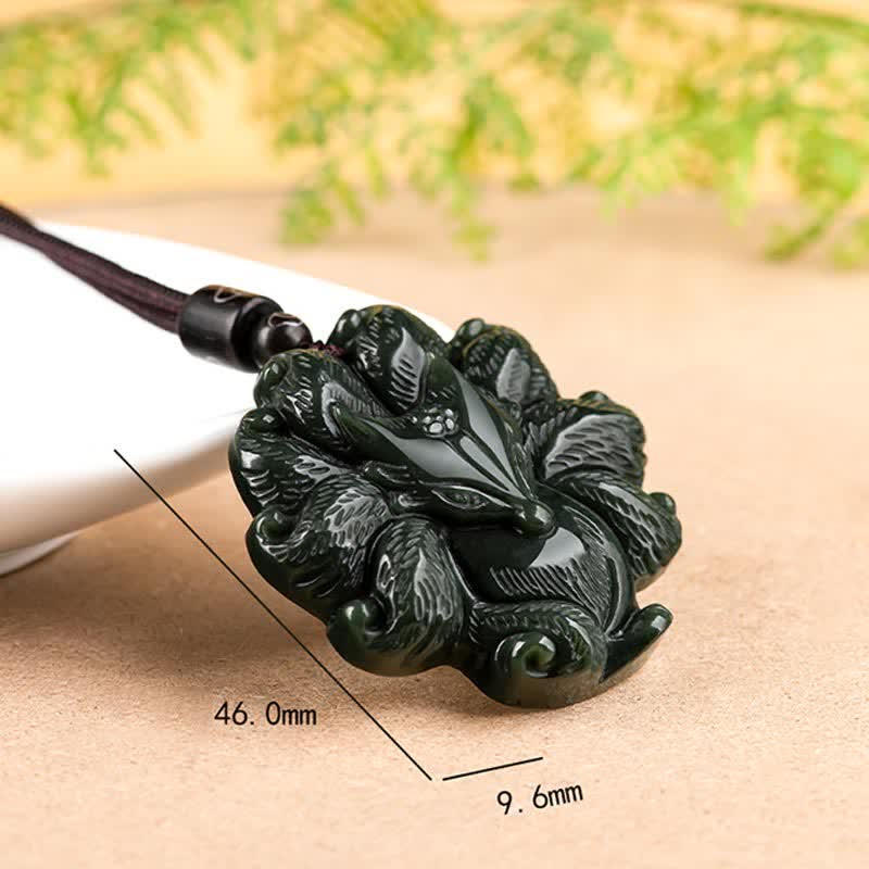 Buddha Stones Hetian Cyan Jade Nine Tailed Fox Luck Necklace String Pendant