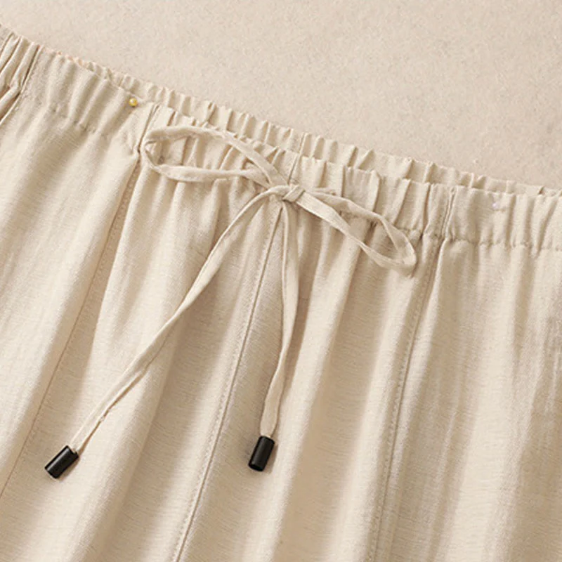 Buddha Stones Summer Drawstring Design Women's Wide Leg Pants With Pockets