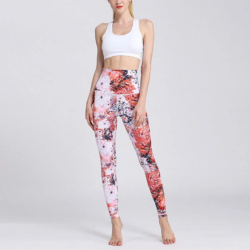 Buddha Stones Red Pink Flowers Print Sports Fitness Yoga High Waist Leggings Women's Yoga Pants