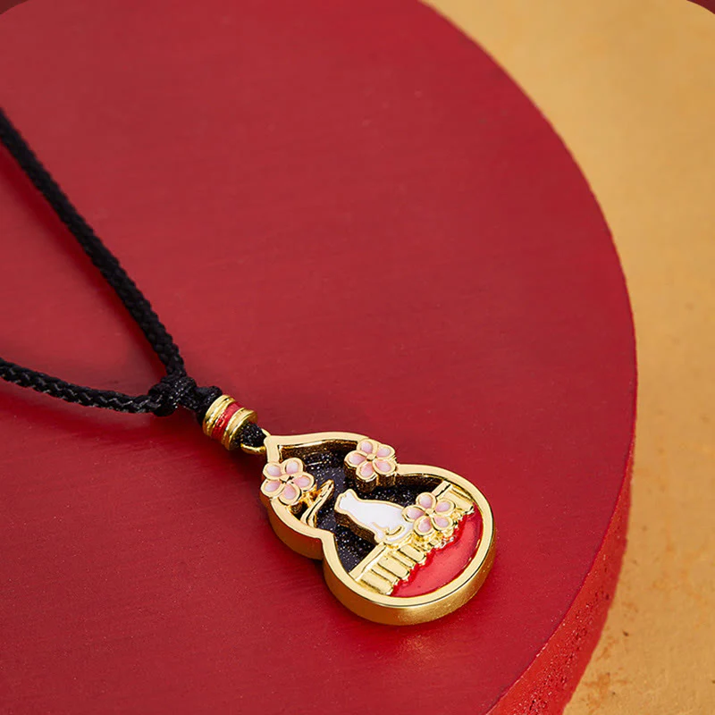 Buddha Stones 925 Sterling Silver Peach Blossom Cat Gourd Pattern Protection Necklace Pendant