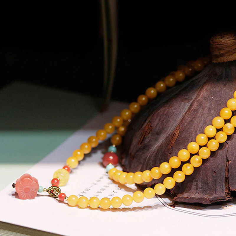Buddha Stones Amber Healing Balance Necklace Flower Charm Bracelet