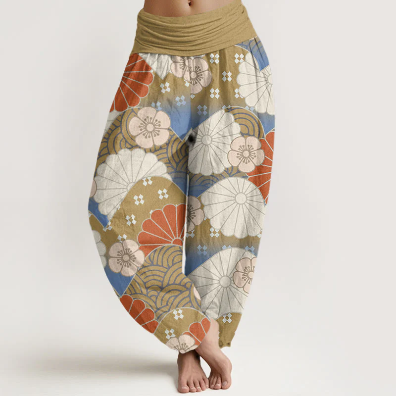 Buddha Stones Casual Abstract Petal And Wave Pattern Women's Elastic Waist Harem Pants