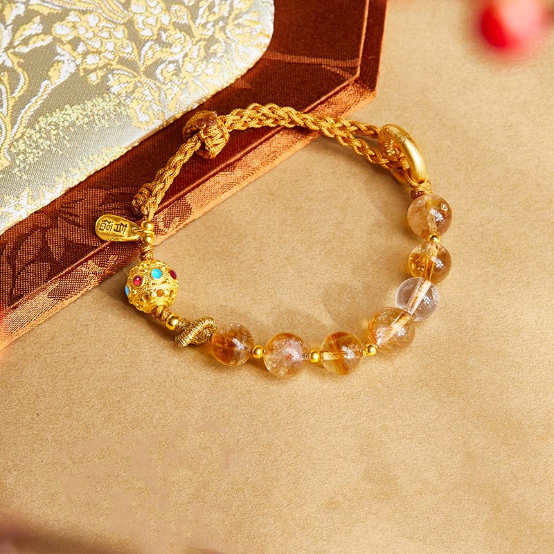 Buddha Stones 925 Sterling Silver Natural Citrine White Crystal Peace Buckle Meaning Fu Character Protection Braided String Bracelet