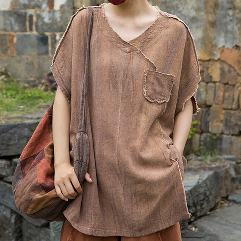 Buddha Stones Summer Tie-dye Linen V-Neck Short Sleeve Women's T-shirts