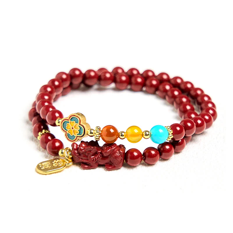 Buddha Stones Cinnabar PiXiu Fu Character Blessing Double Wrap Bracelet