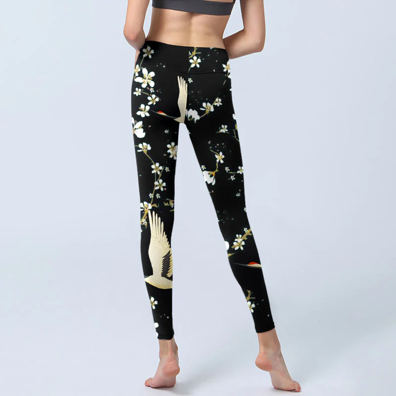 Buddha Stones Red-crowned Cranes Plum Blossoms Pattern Print Gym Leggings Women's Yoga Pants