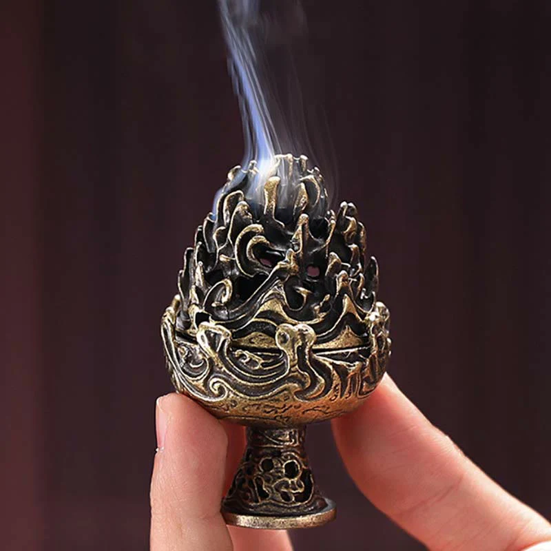 Buddha Stones Tibetan Mini Mountain Pattern Meditation Copper Alloy Incense Burner