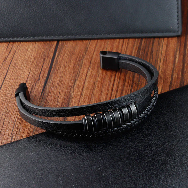 Buddha Stones Simple Titanium Steel Braided Three-layer Leather Buckle Calm Bracelet