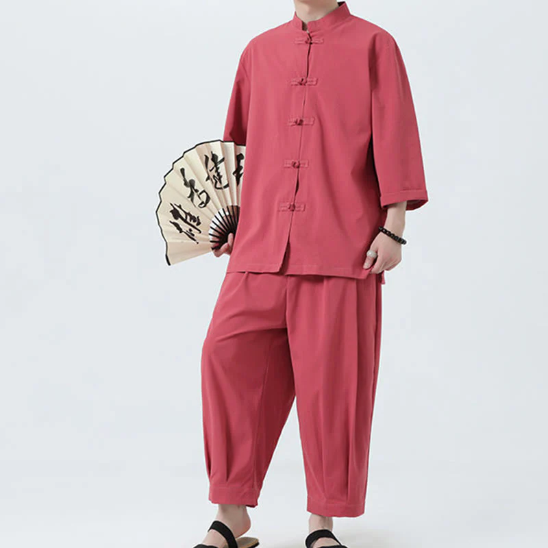 Buddha Stones 2Pcs Solid Frog-Button Three Quarter Sleeve Shirt Pants Men's Set