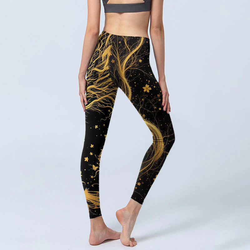 Buddha Stones Golden Dragon Pattern Print Gym Leggings Women's Yoga Pants