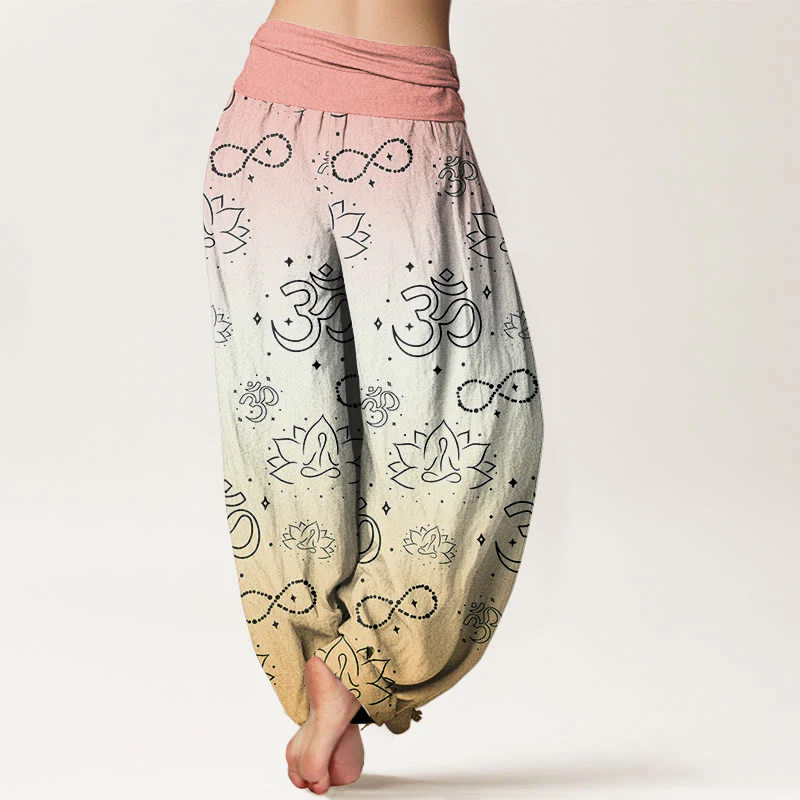 Buddha Stones OM Symbol Lotus Meditating Figure Infinity Pattern Women's Elastic Waist Harem Pants