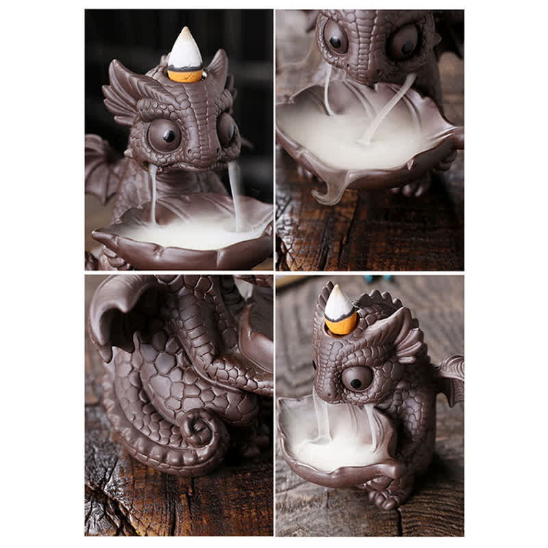 Buddha Stones Lovely Dinosaur Purple Clay Backflow Smoke Fountain Healing Incense Burner Decoration