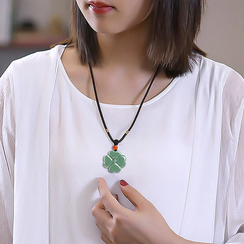 Buddha Stones Natural Lucky Four Leaf Clover Jade Prosperity Necklace Pendant