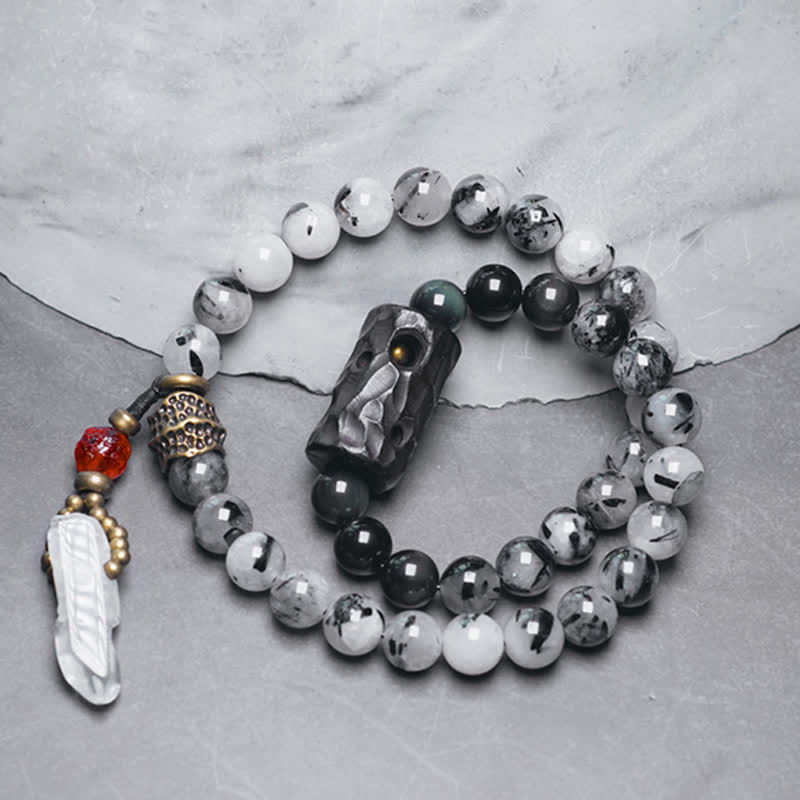 Buddha Stones Black Rutilated Quartz Ebony Wood White Crystal Success Couple Bracelet