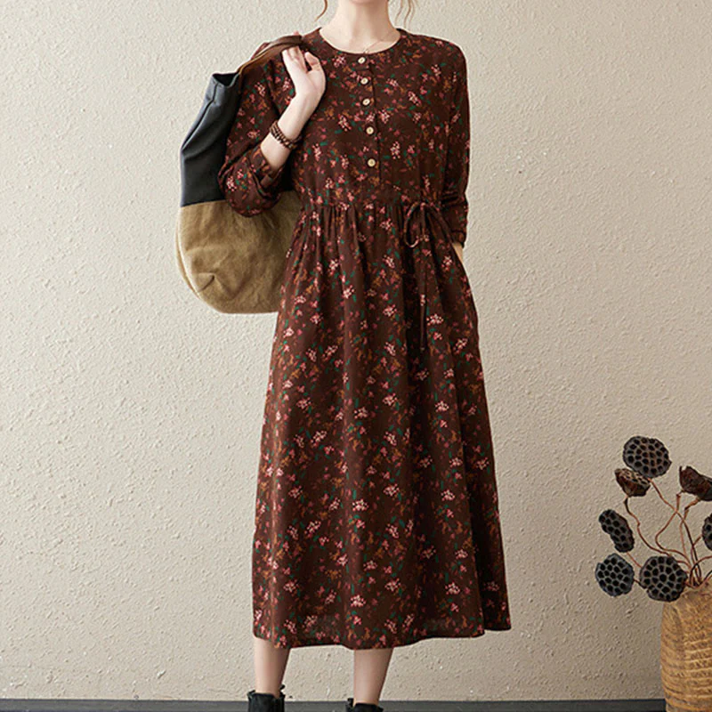 Buddha Stones Casual Ethnic Printing Floral Buttons Design Cotton Linen Midi Dress With Pockets