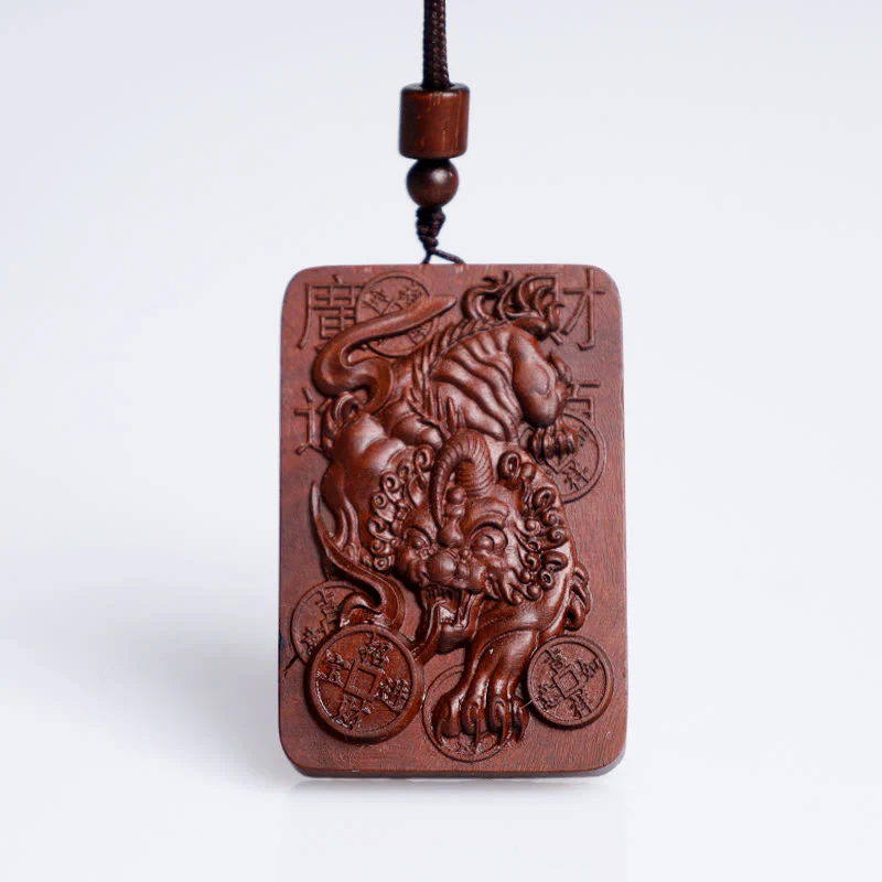 Buddha Stones Natural Lightning Struck Jujube Wood PiXiu Copper Coin Good Fortune Necklace Pendant