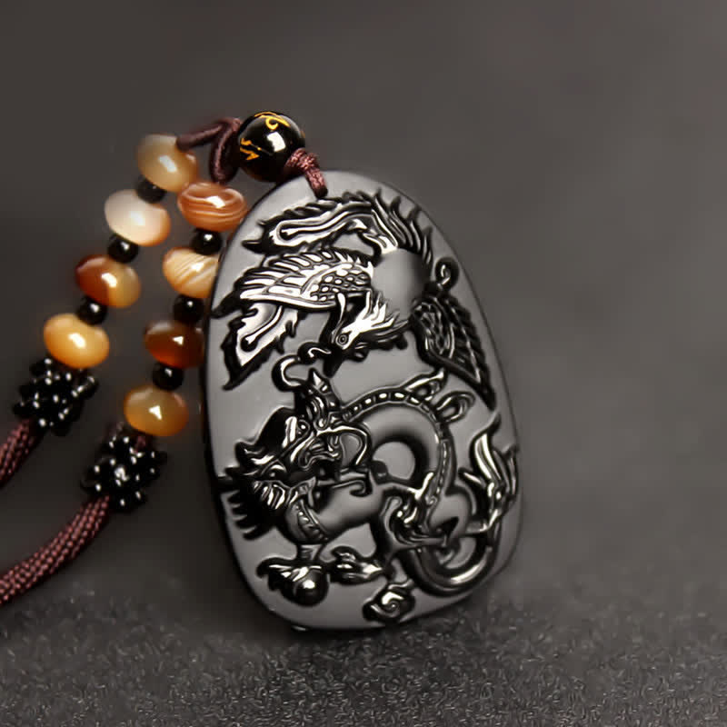 Buddha Stones Black Obsidian Tiger Eye Dragon Phoenix Protection Beaded Necklace Pendant